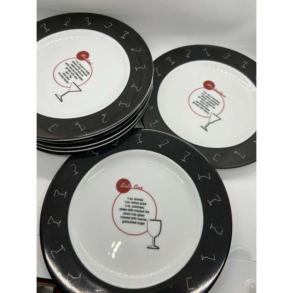 7 Pottery Barn Retro Bar Salad Bread Side Plates Drink Recipes black white 8.5"